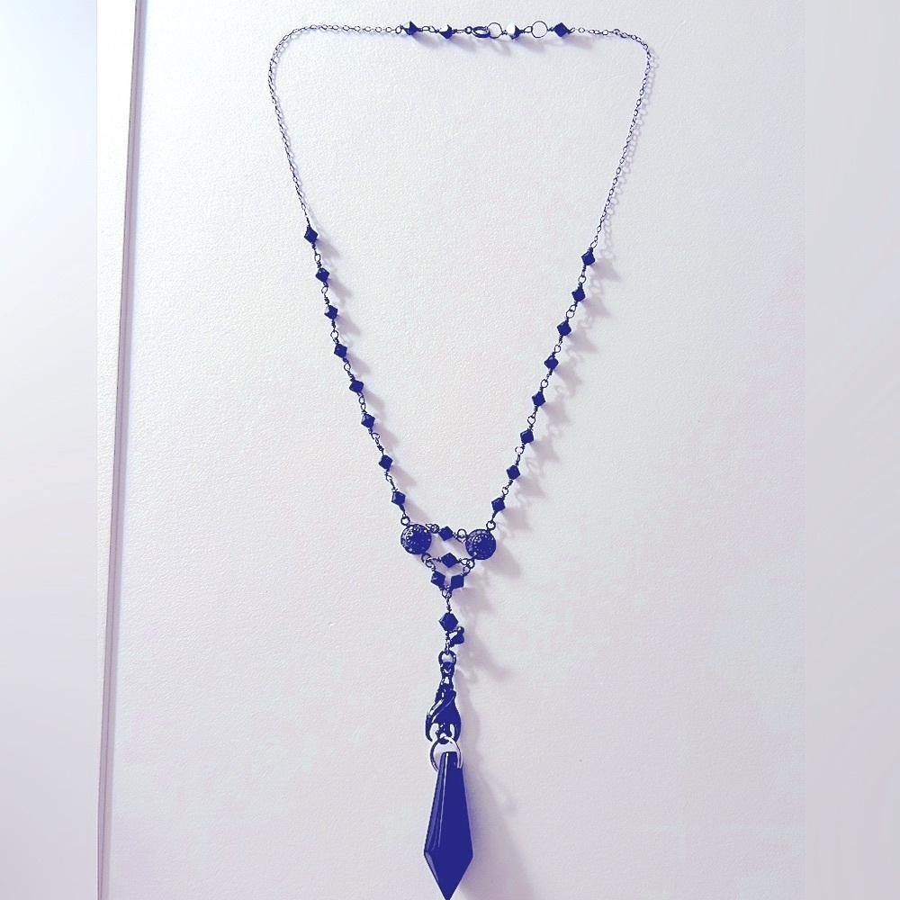 Vintage Necklace black faceted glass beads, hand-wired Black Onyx Point Pendant
